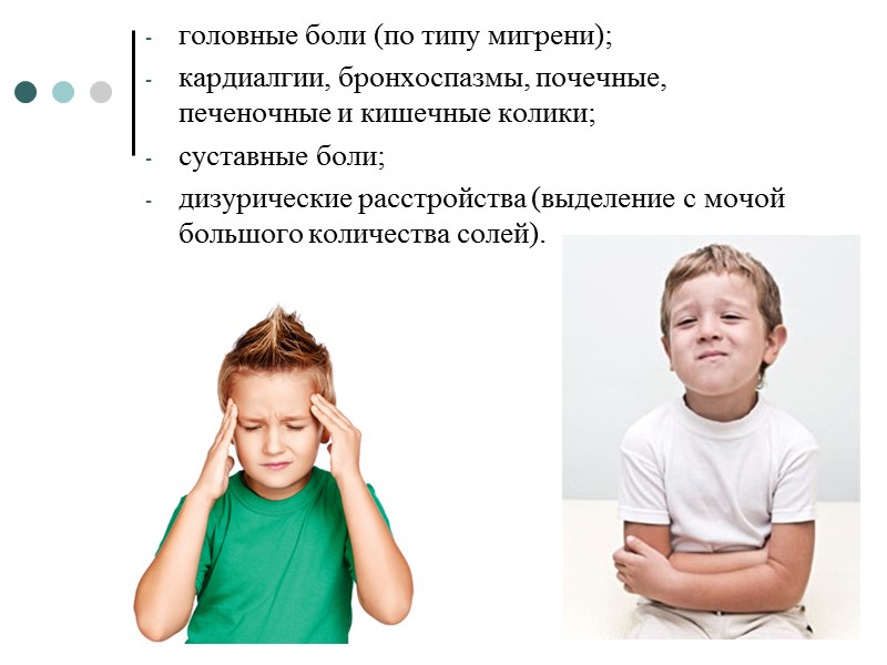 головные боли (по типу мигрени); кардиалгии, бронхоспазмы, почечные, печеночные и кишечные колики; суставные боли;